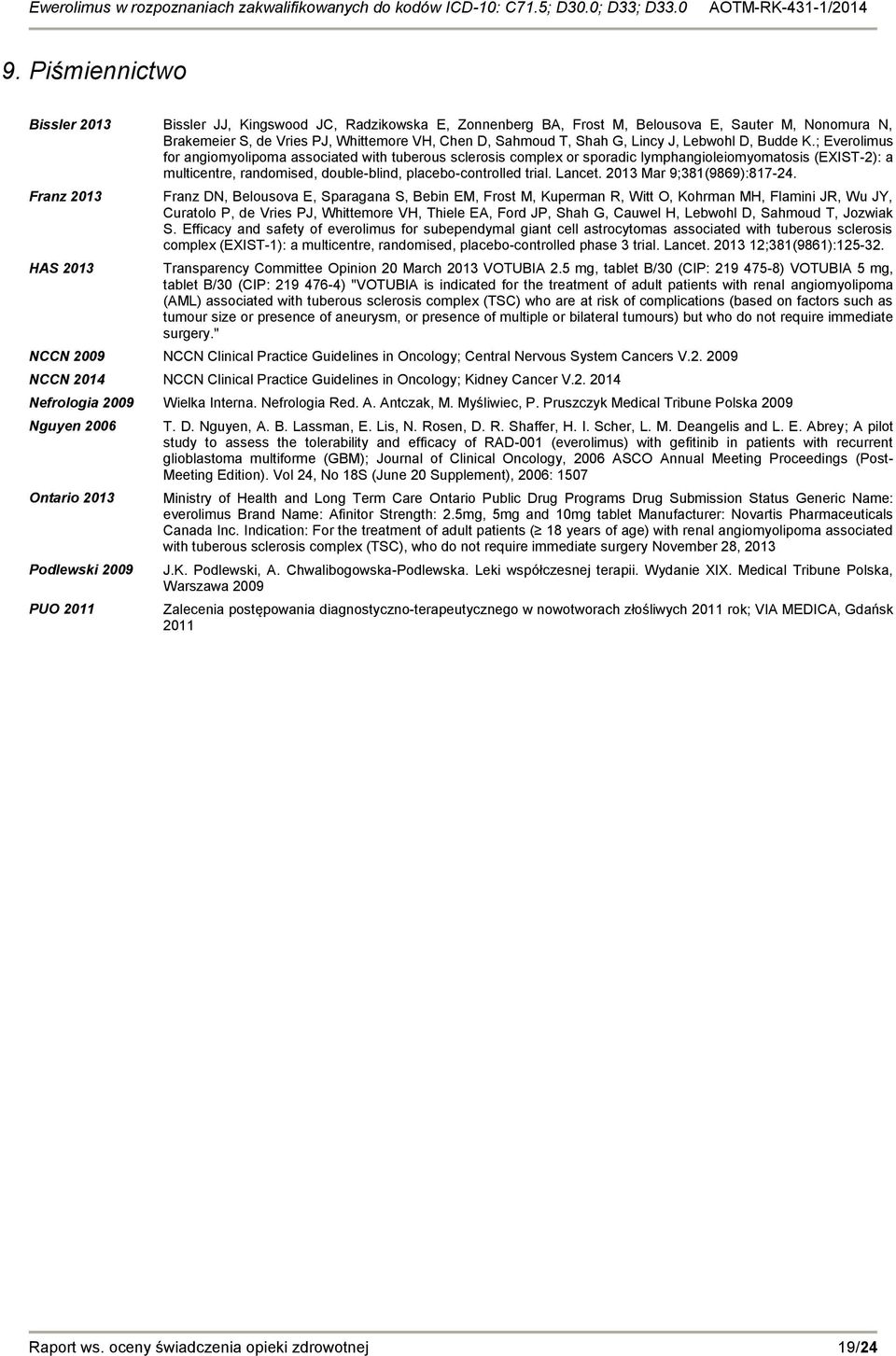 ; Everolimus for angiomyolipoma associated with tuberous sclerosis complex or sporadic lymphangioleiomyomatosis (EXIST-2): a multicentre, randomised, double-blind, placebo-controlled trial. Lancet.