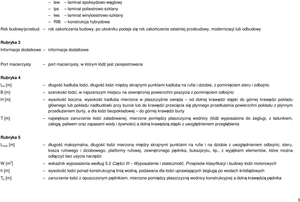 którym łódź jest zarejestrowana Rubryka 4 L H [m] B [m] H [m] T [m] długość kadłuba łodzi, długość łodzi między skrajnymi punktami kadłuba na rufie i dziobie, z pominięciem steru i odbojnic szerokość