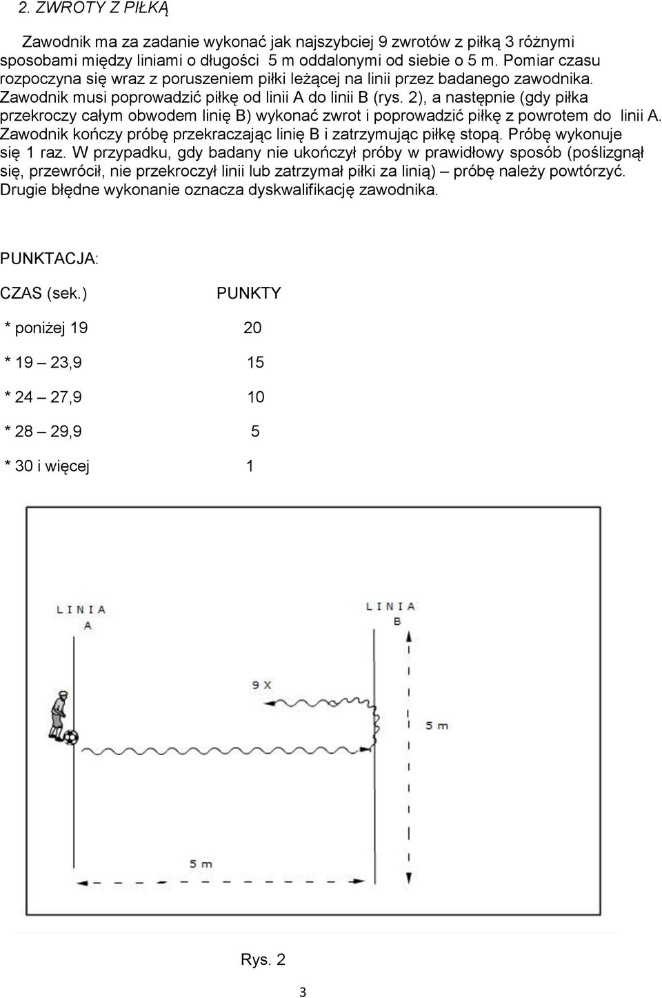 2), a następnie (gdy piłka przekroczy całym obwodem linię B) wykonać zwrot i poprowadzić piłkę z powrotem do linii A. Zawodnik kończy próbę przekraczając linię B i zatrzymując piłkę stopą.
