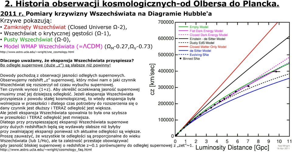 Wszechświata (=ΛCDM) (ΩM-0.27,ΩV-0.73) http://www.astro.ucla.edu/~wright/sne_cosmology.html Dlaczego uważamy, że ekspansja Wszechświata przyspiesza?
