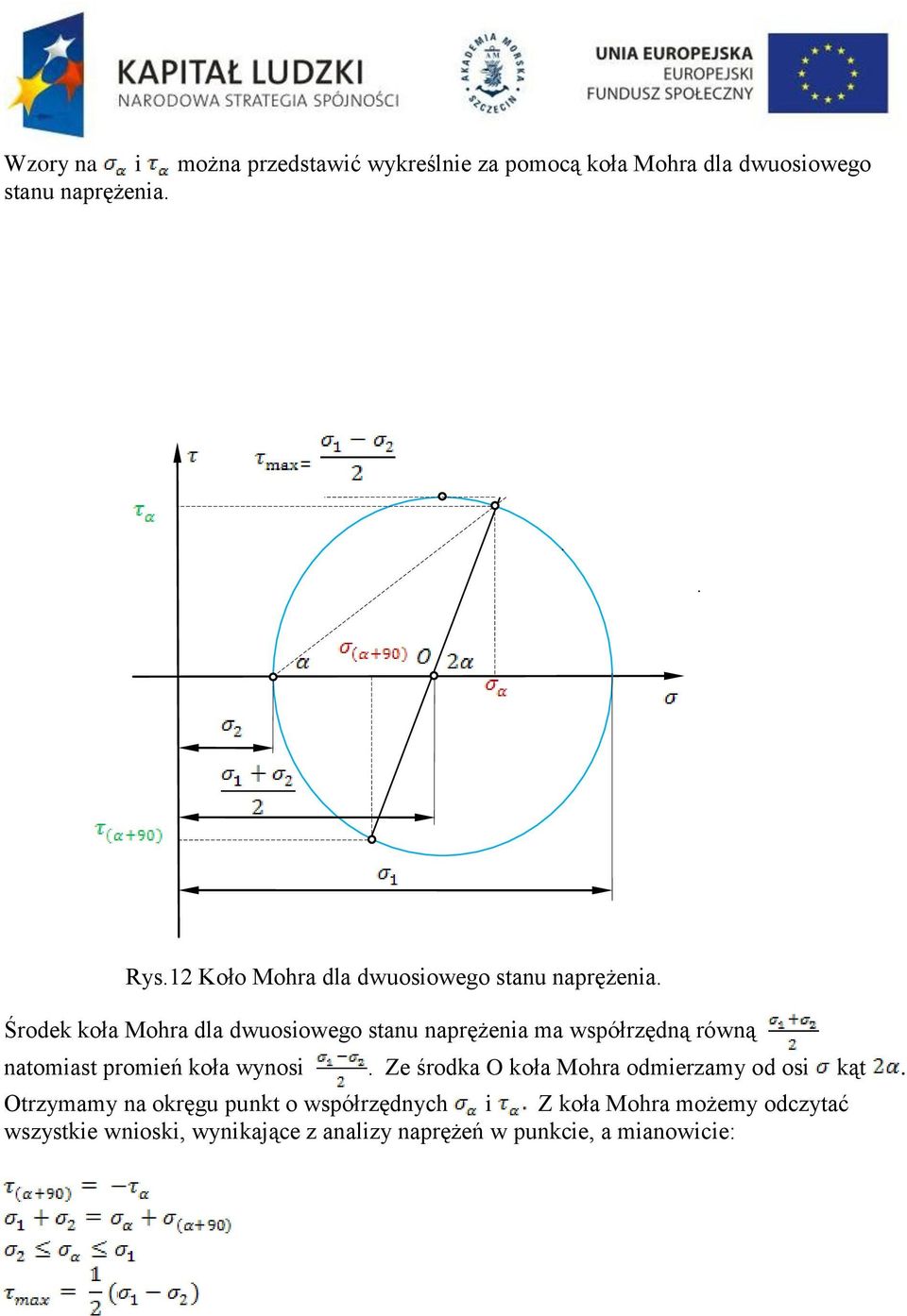 Środek koła Mohra dla dwuosiowego stanu naprężenia ma współrzędną równą natomiast promień koła wynosi.