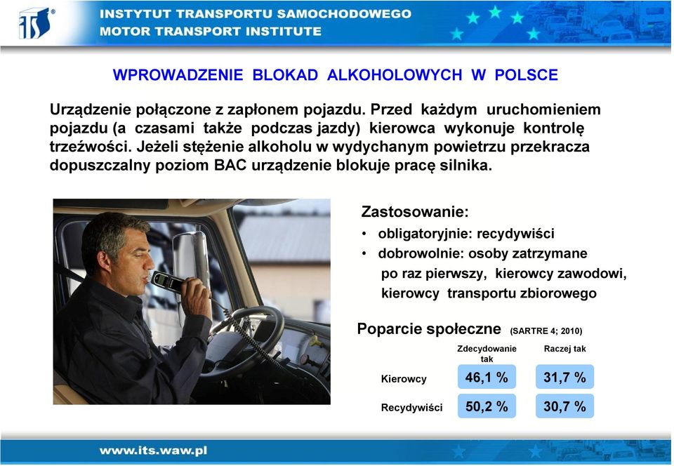 Jeżeli stężenie alkoholu w wydychanym powietrzu przekracza dopuszczalny poziom BAC urządzenie blokuje pracę silnika.