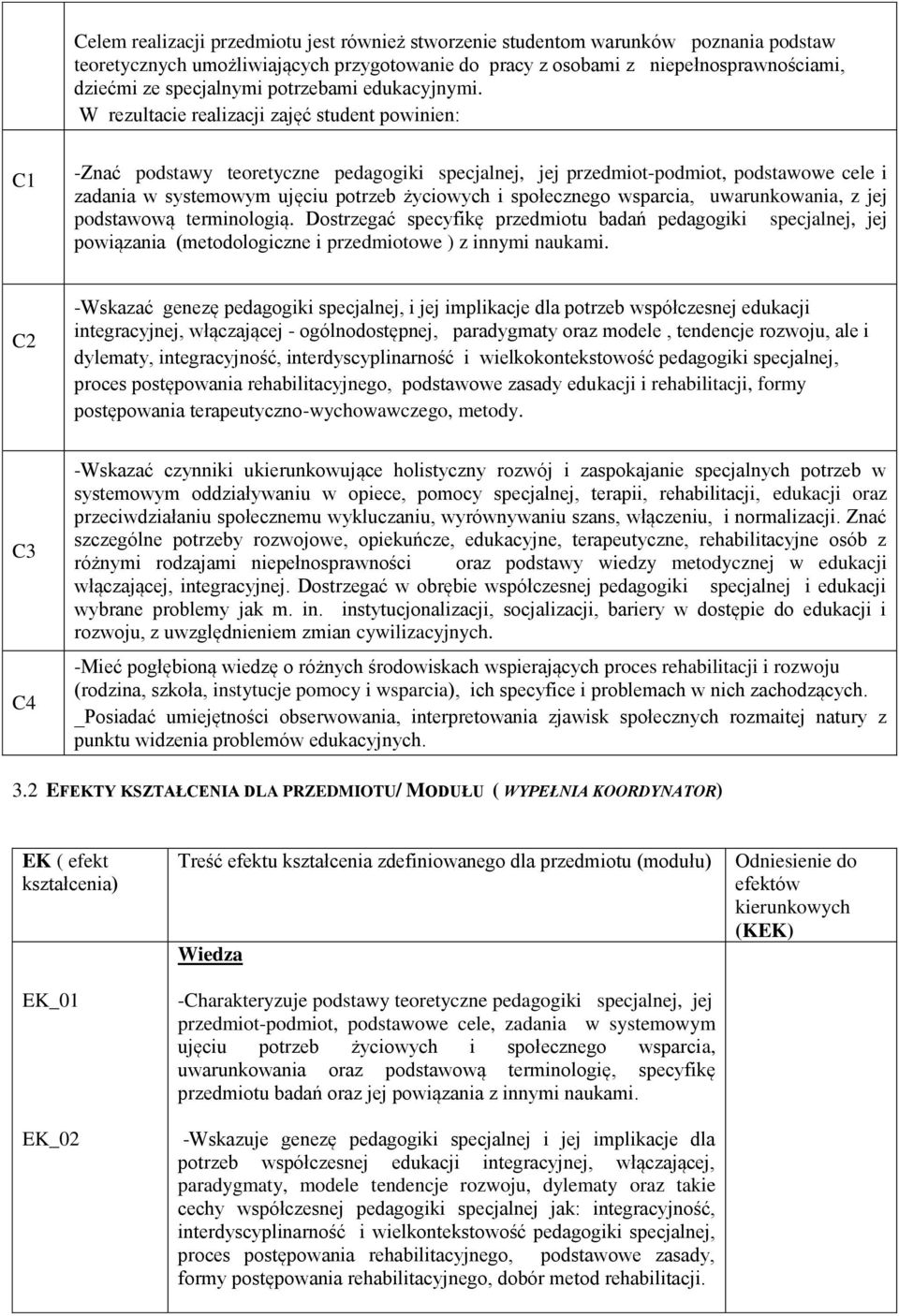 W rezultacie realizacji zajęć student powinien: C1 -Znać podstawy teoretyczne pedagogiki specjalnej, jej przedmiot-podmiot, podstawowe cele i zadania w systemowym ujęciu potrzeb życiowych i