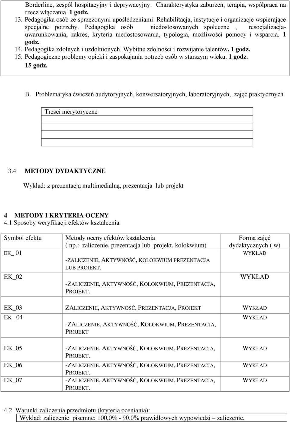 Pedagogika osób niedostosowanych społeczne, resocjalizacjauwarunkowania, zakres, kryteria niedostosowania, typologia, możliwości pomocy i wsparcia. 1 godz. 14. Pedagogika zdolnych i uzdolnionych.