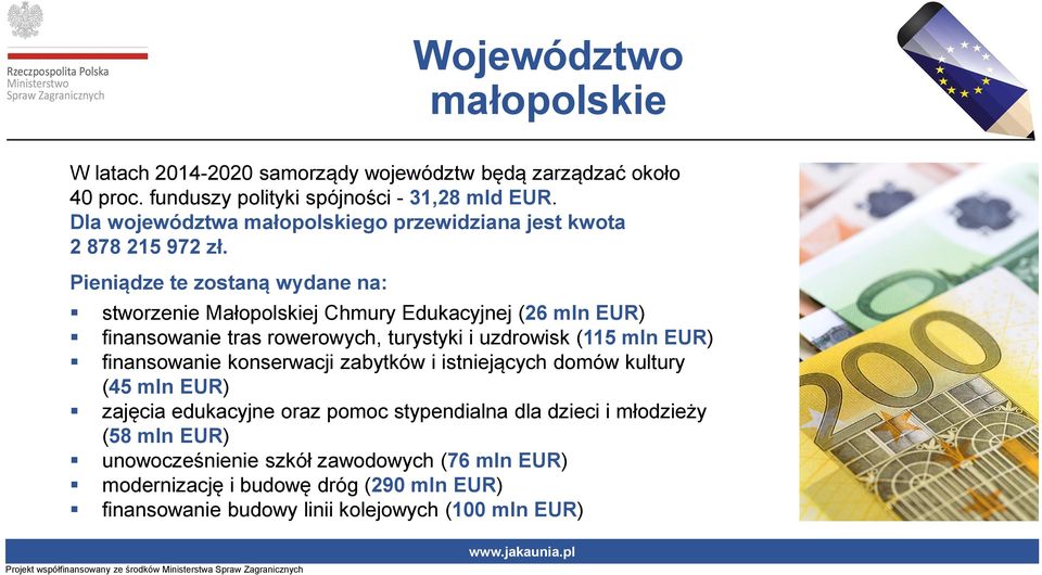 Pieniądze te zostaną wydane na: stworzenie Małopolskiej Chmury Edukacyjnej (26 mln EUR) finansowanie tras rowerowych, turystyki i uzdrowisk (115 mln EUR)