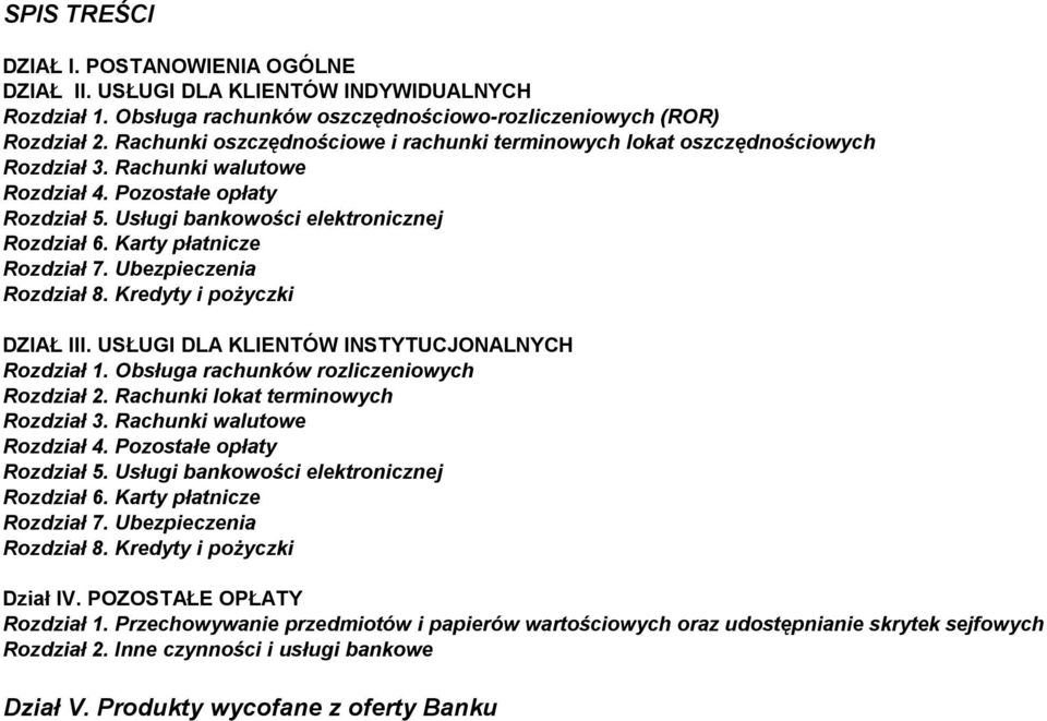 Karty płatnicze Rozdział 7. Ubezpieczenia Rozdział 8. Kredyty i pożyczki DZIAŁ III. USŁUGI DLA KLIENTÓW INSTYTUCJONALNYCH Rozdział 1. Obsługa rachunków rozliczeniowych Rozdział 2.
