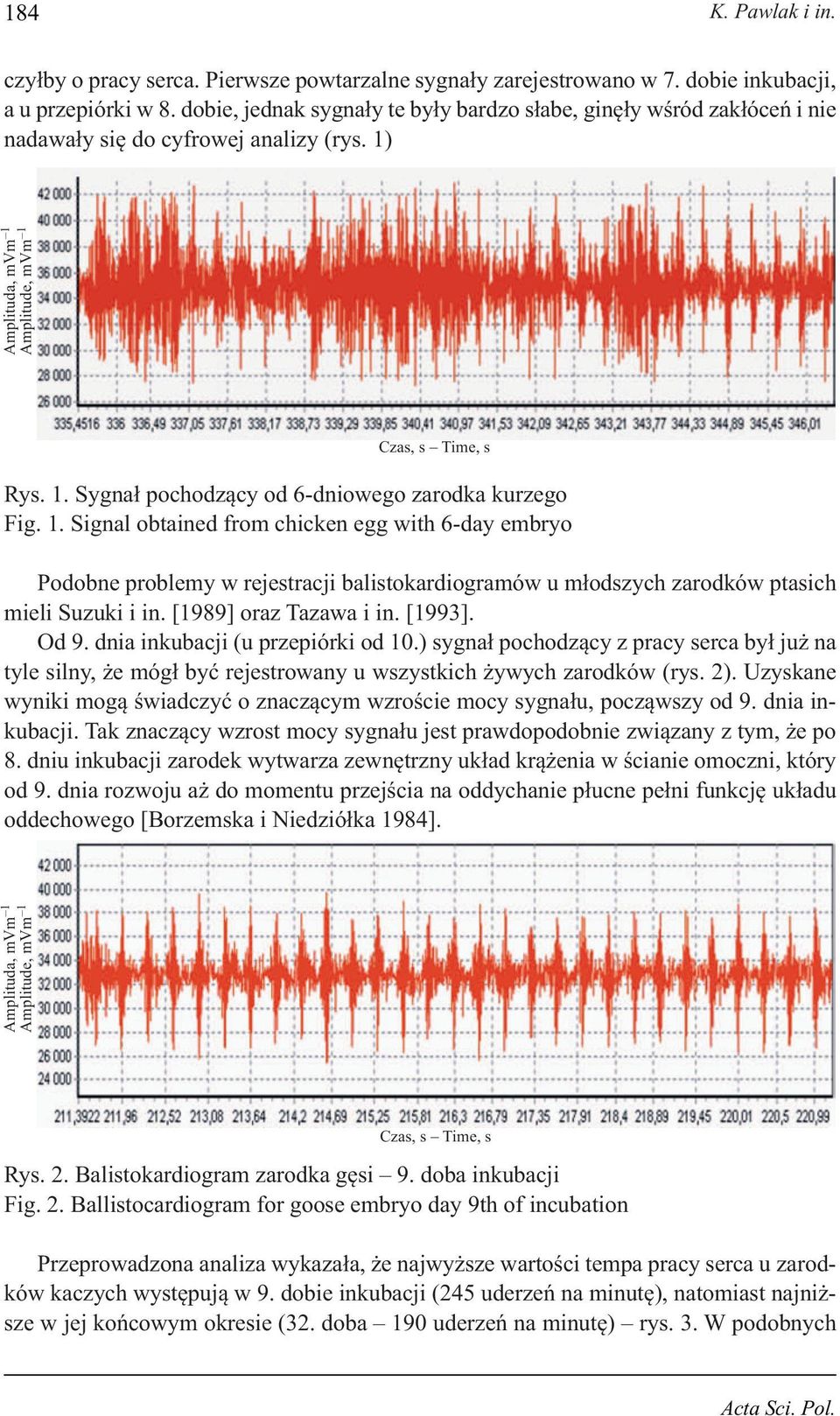 Czas, s Time, s Rys. 1. Sygnał pochodzący od 6-dniowego zarodka kurzego Fig. 1. Signal obtained from chicken egg with 6-day embryo Podobne problemy w rejestracji balistokardiogramów u młodszych zarodków ptasich mieli Suzuki i in.