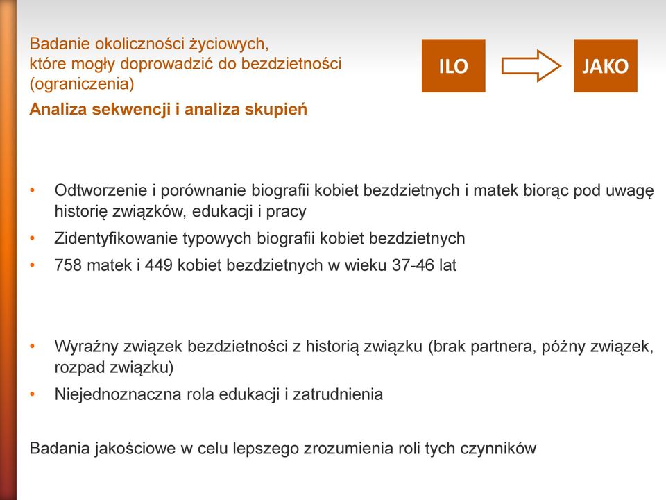 kobiet bezdzietnych 758 matek i 449 kobiet bezdzietnych w wieku 37-46 lat Wyraźny związek bezdzietności z historią związku (brak partnera,