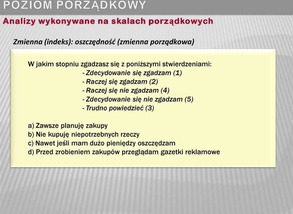 zgadzam (4) - Zdecydowanie się nie zgadzam (5) - Trudno powiedzieć (3) a) Zawsze planuję zakupy b) Nie kupuję