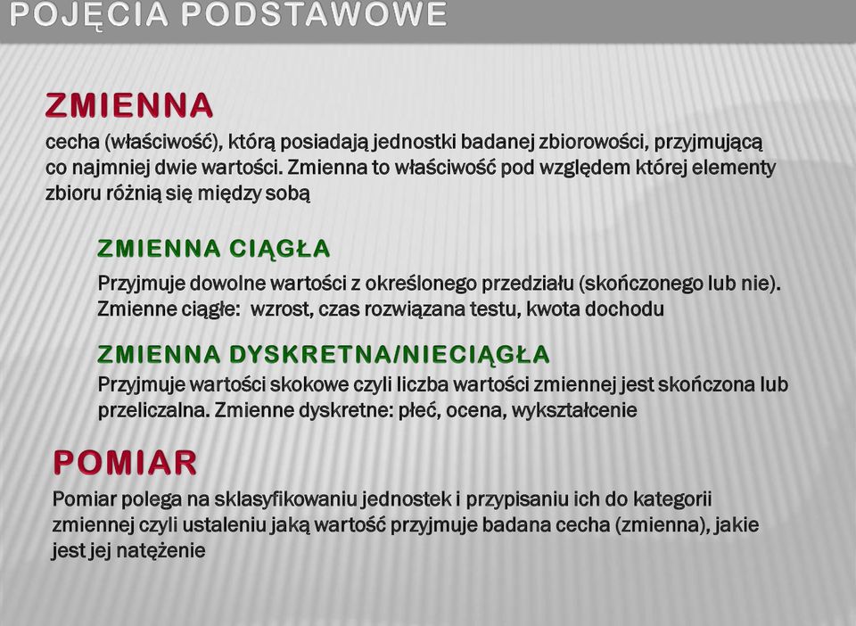 Zmienne ciągłe: wzrost, czas rozwiązana testu, kwota dochodu Przyjmuje wartości skokowe czyli liczba wartości zmiennej jest skończona lub przeliczalna.