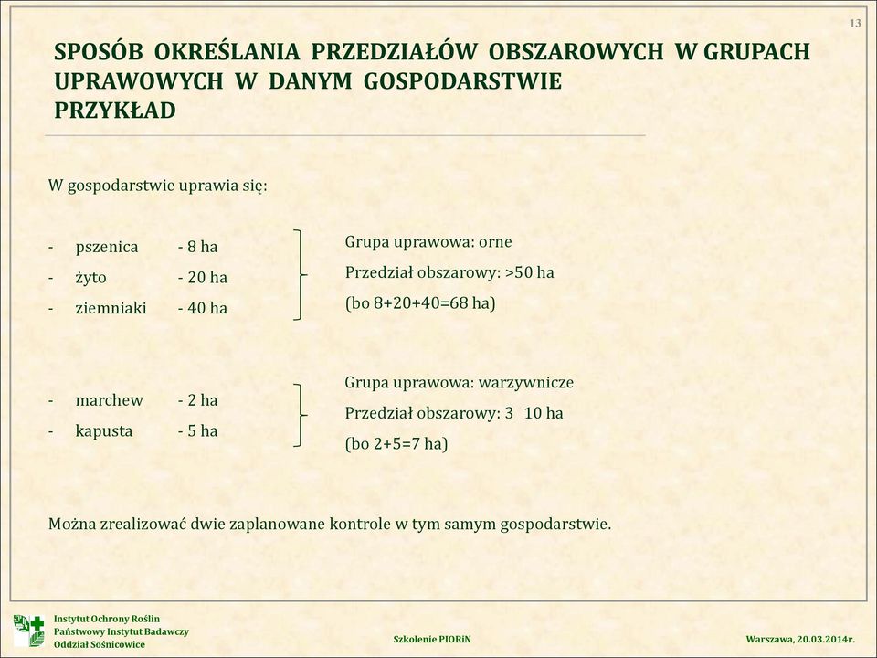 Przedział obszarowy: >50 ha (bo 8+20+40=68 ha) - marchew - 2 ha - kapusta - 5 ha Grupa uprawowa: