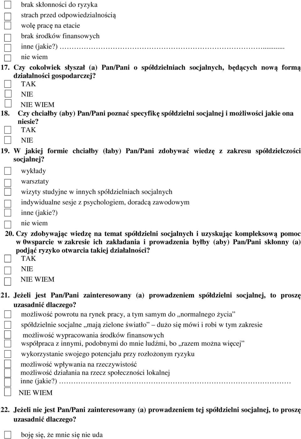 Czy chciałby (aby) Pan/Pani poznać specyfikę spółdzielni socjalnej i możliwości jakie ona niesie? 19. W jakiej formie chciałby (łaby) Pan/Pani zdobywać wiedzę z zakresu spółdzielczości socjalnej?