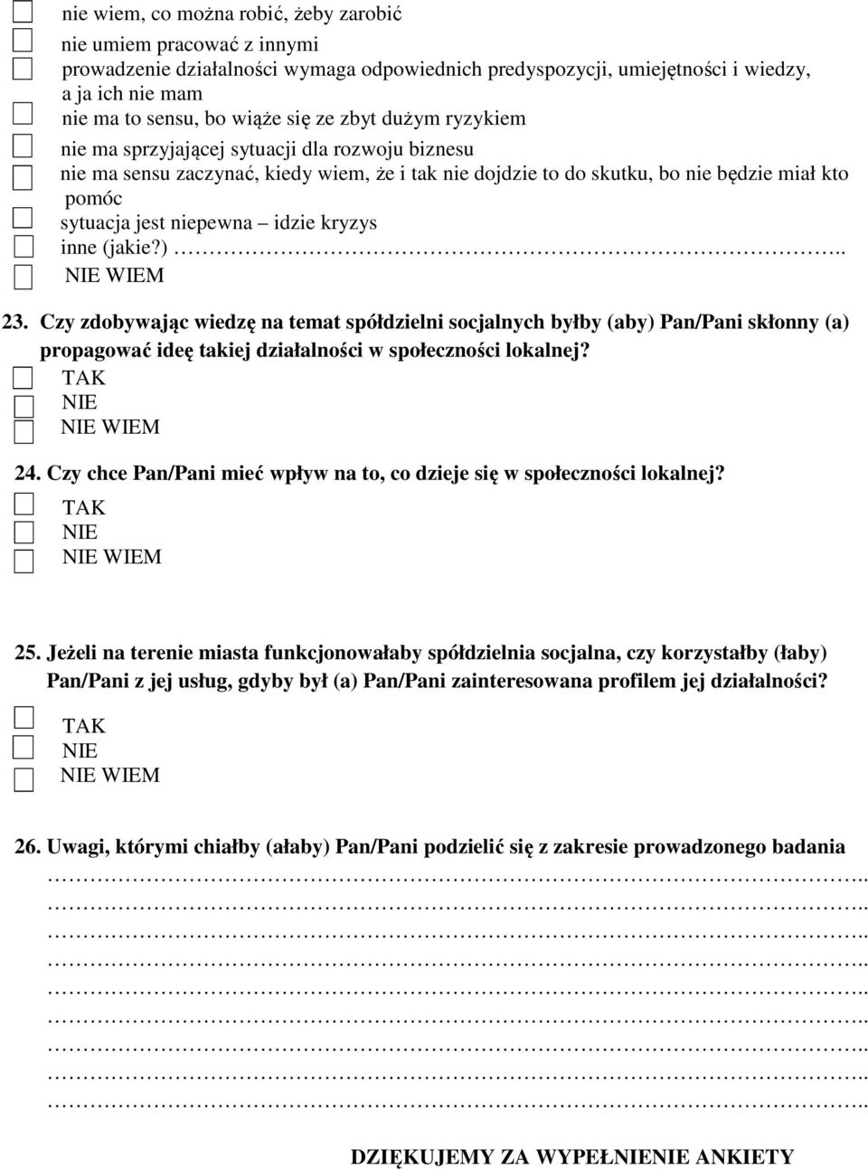 kryzys inne (jakie?).. WIEM 23. Czy zdobywając wiedzę na temat spółdzielni socjalnych byłby (aby) Pan/Pani skłonny (a) propagować ideę takiej działalności w społeczności lokalnej? WIEM 24.