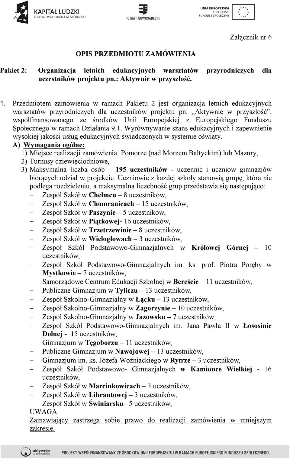 Aktywnie w przyszłość, współfinansowanego ze środków Unii Europejskiej z Europejskiego Funduszu Społecznego w ramach Działania 9.1.