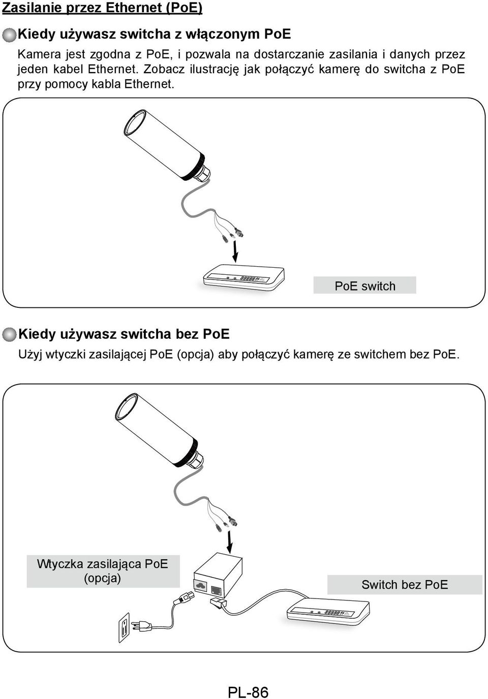 Ethernet. Zobacz ilustrację jak połączyć kamerę do switcha z PoE przy pomocy kabla Ethernet.