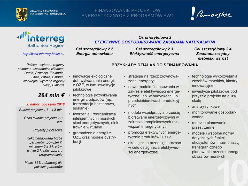 programowania Maks. 85% refundacji dla polskich partnerów Cel szczegółowy 2.2 Energia odnawialna innowacje ekologiczne dot.