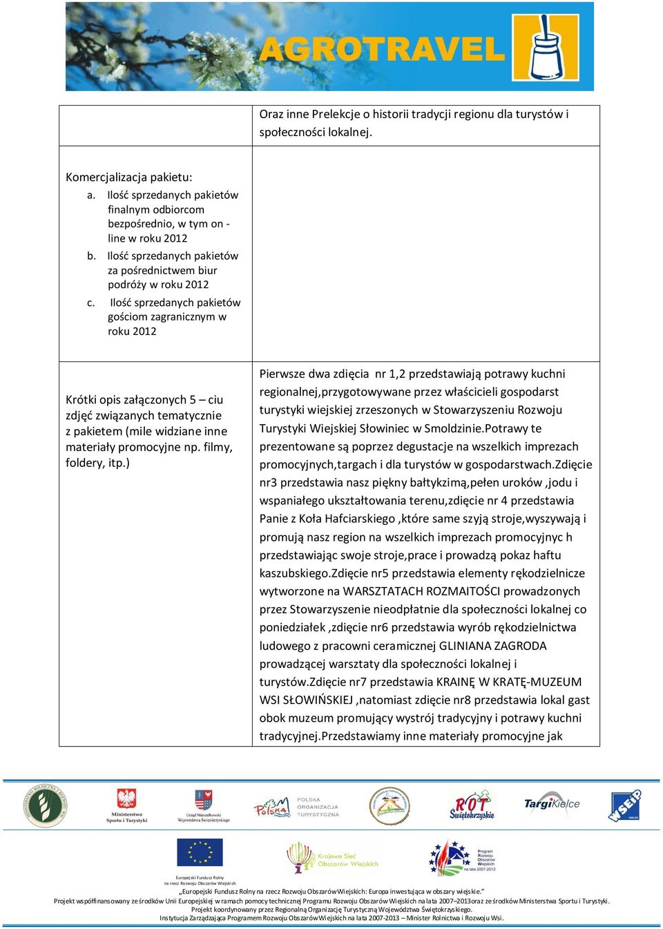 Ilość sprzedanych pakietów gościom zagranicznym w roku 2012 Krótki opis załączonych 5 ciu zdjęć związanych tematycznie z pakietem (mile widziane inne materiały promocyjne np. filmy, foldery, itp.