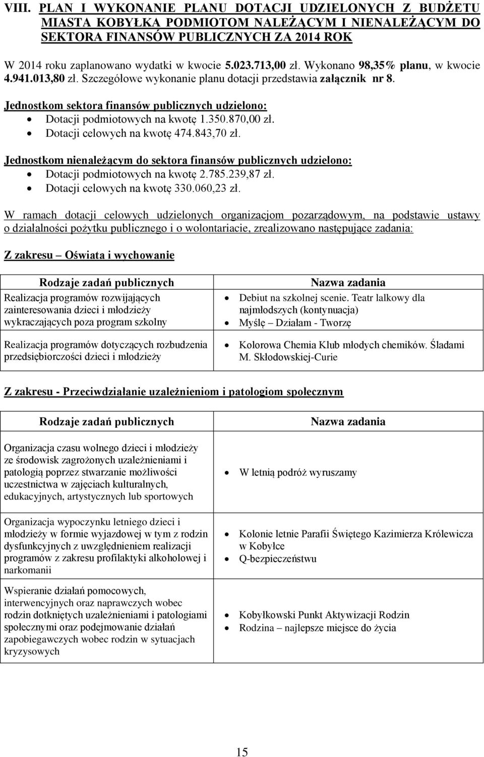 Jednostkom sektora finansów publicznych udzielono: Dotacji podmiotowych na kwotę 1.350.870,00 zł. Dotacji celowych na kwotę 474.843,70 zł.