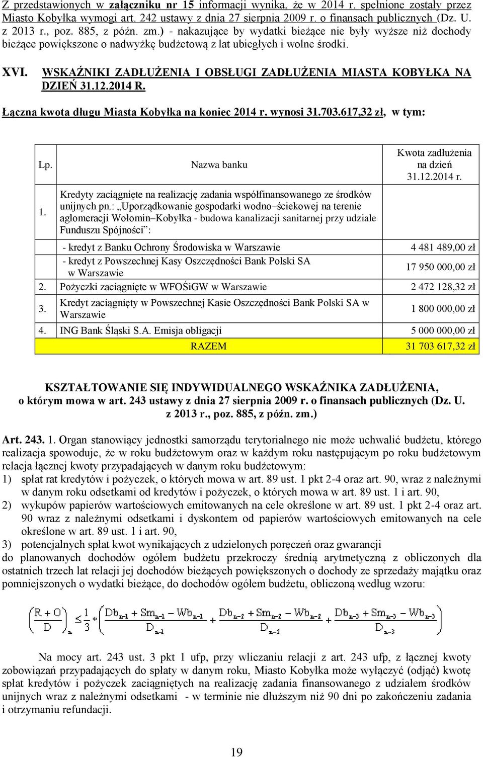 WSKAŹNIKI ZADŁUŻENIA I OBSŁUGI ZADŁUŻENIA MIASTA KOBYŁKA NA DZIEŃ 31.12.2014 R. Łączna kwota długu Miasta Kobyłka na koniec 2014 r. wynosi 31.703.617,32 zł, w tym: Lp. 1.