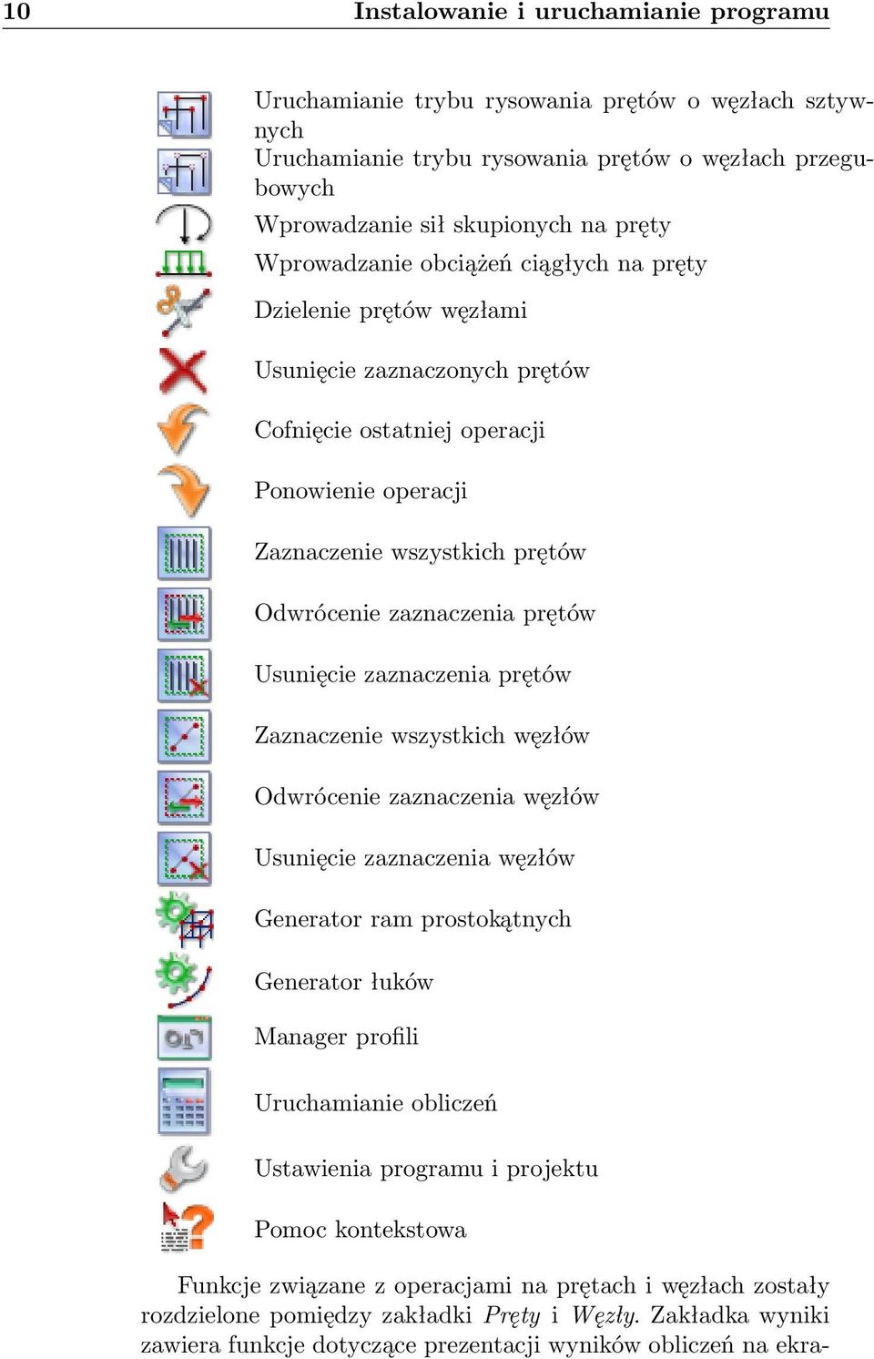 prętów Usunięcie zaznaczenia prętów Zaznaczenie wszystkich węzłów Odwrócenie zaznaczenia węzłów Usunięcie zaznaczenia węzłów Generator ram prostokątnych Generator łuków Manager profili Uruchamianie