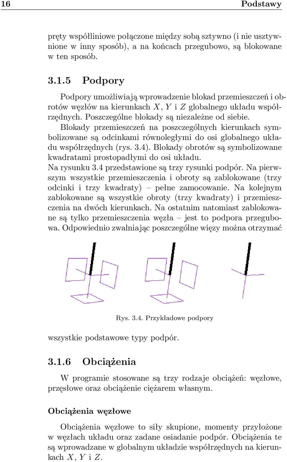 Blokady obrotów są symbolizowane kwadratami prostopadłymi do osi układu. Na rysunku 3.4 przedstawione są trzy rysunki podpór.