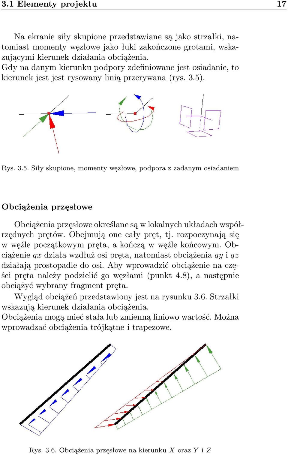 . Rys. 3.5. Siły skupione, momenty węzłowe, podpora z zadanym osiadaniem Obciążenia przęsłowe Obciążenia przęsłowe określane są w lokalnych układach współrzędnych prętów. Obejmują one cały pręt, tj.