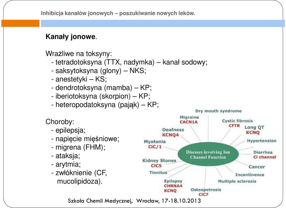iberiotoksyna (skorpion) KP; - heteropodatoksyna (pająk) KP; Choroby: -