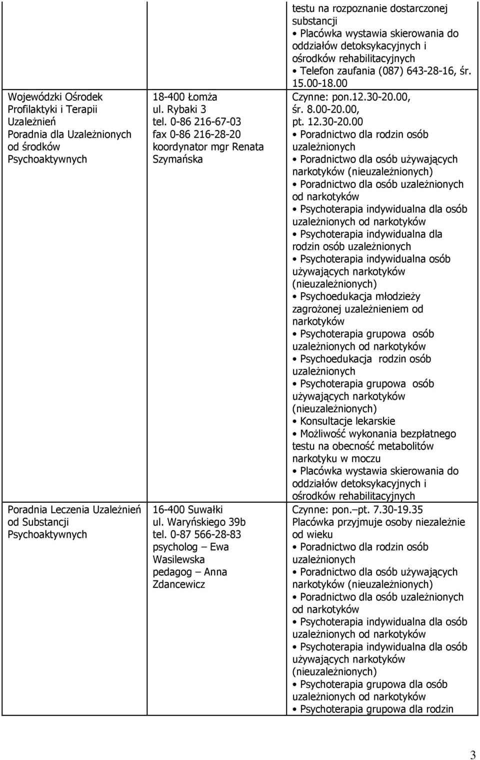 0-87 566-28-83 psycholog Ewa Wasilewska pedagog Anna Zdancewicz testu na rozpoznanie dostarczonej substancji oddziałów detoksykacyjnych i ośrodków rehabilitacyjnych Telefon zaufania (087) 643-28-16,