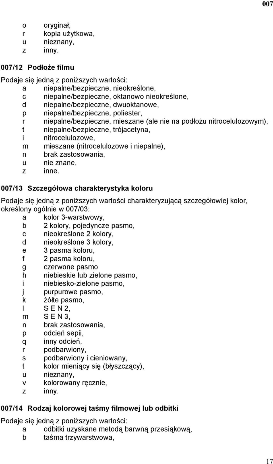 niepalne/bezpieczne, poliester, r niepalne/bezpieczne, mieszane (ale nie na podłożu nitrocelulozowym), t niepalne/bezpieczne, trójacetyna, i nitrocelulozowe, m mieszane (nitrocelulozowe i niepalne),