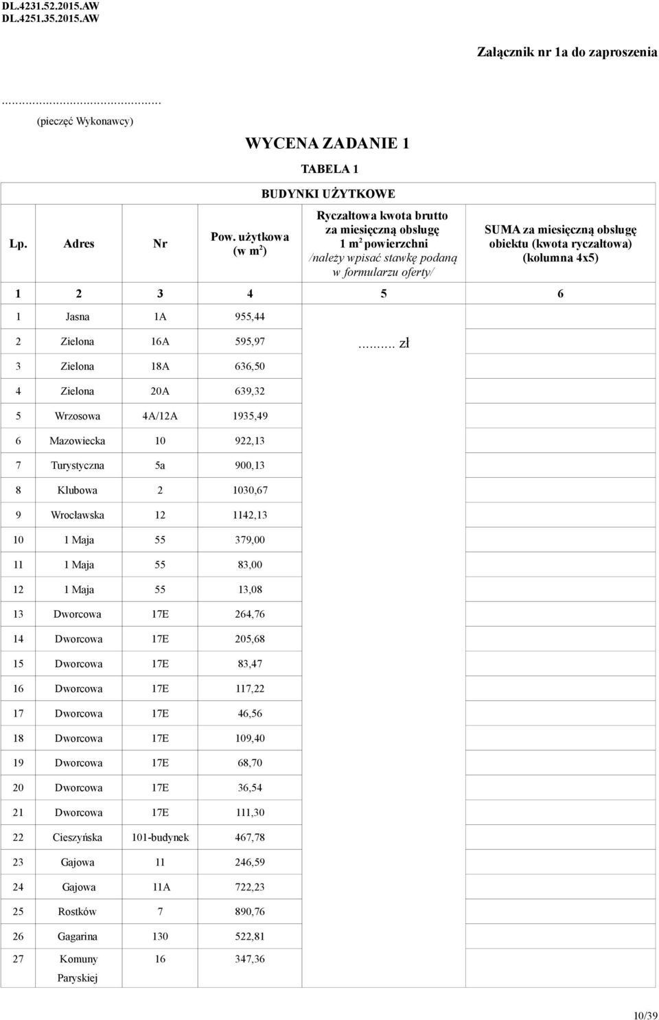 ryczałtowa) (kolumna 4x5) 1 2 3 4 5 6 1 Jasna 1A 955,44 2 Zielona 16A 595,97 3 Zielona 18A 636,50.