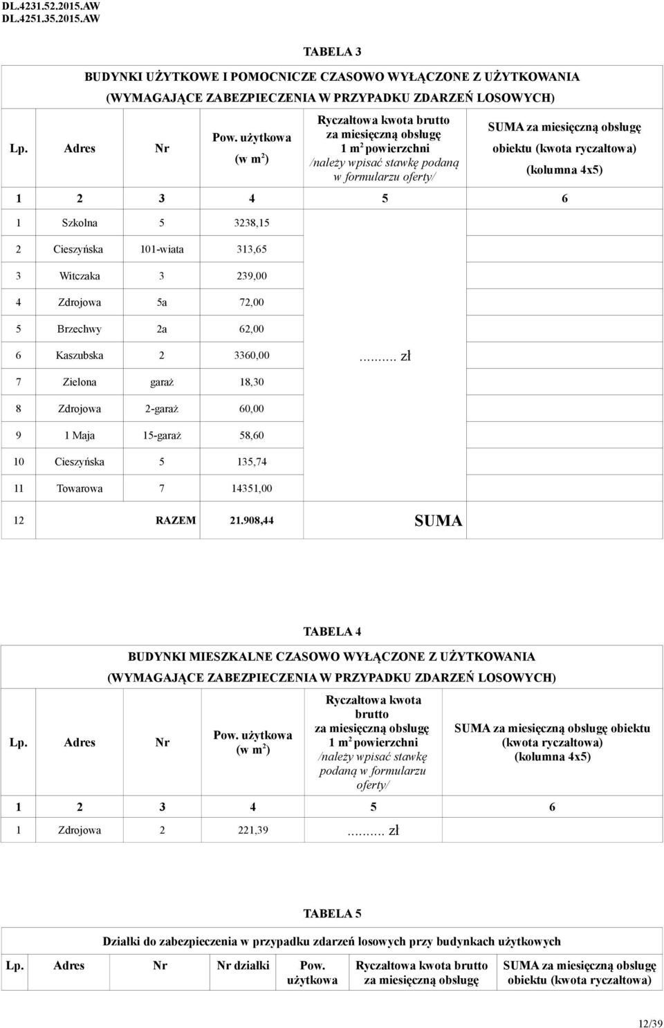 1 2 3 4 5 6 1 Szkolna 5 3238,15 2 Cieszyńska 101-wiata 313,65 3 Witczaka 3 239,00 4 Zdrojowa 5a 72,00 5 Brzechwy 2a 62,00 6 Kaszubska 2 3360,00.