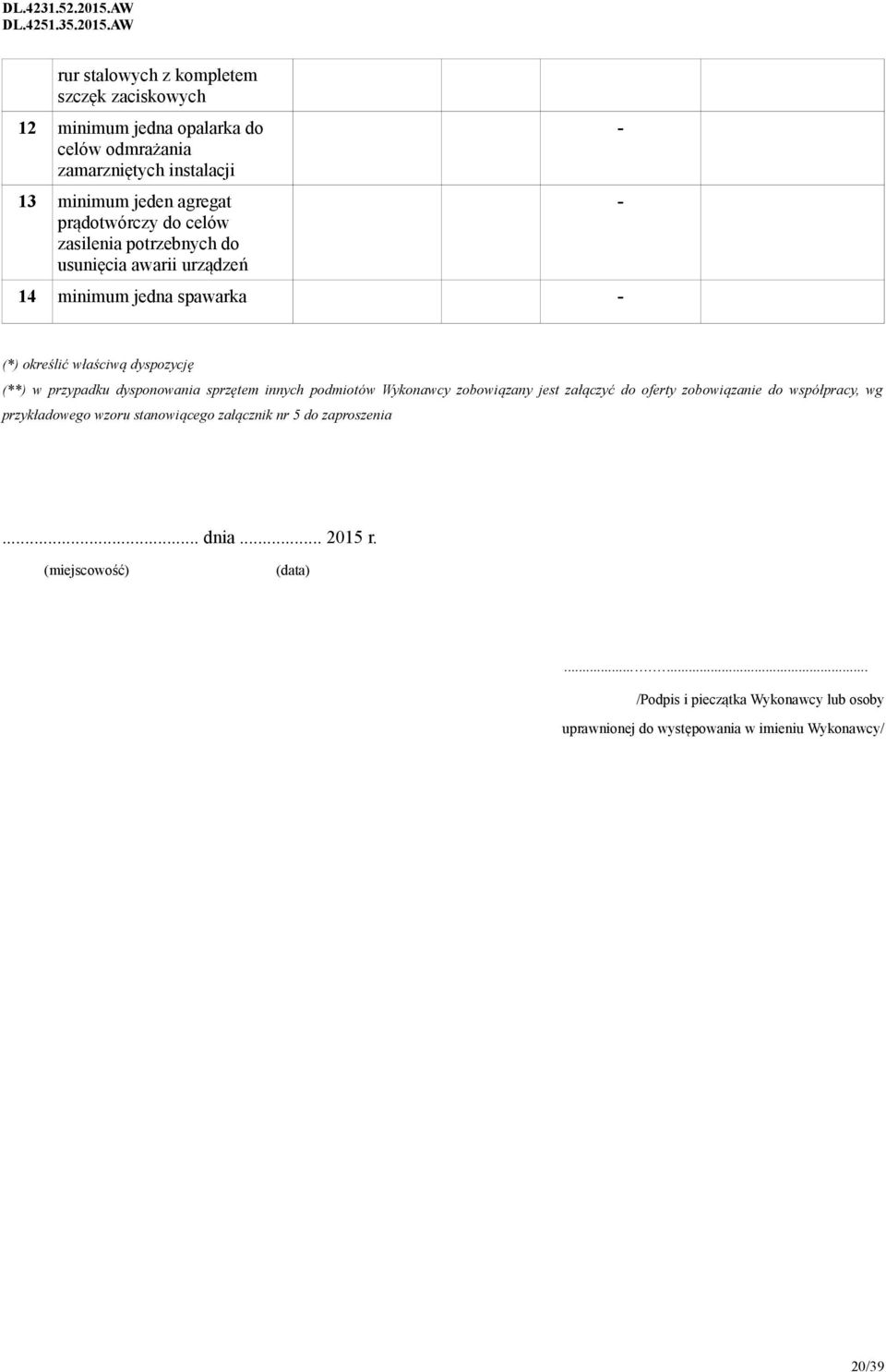dysponowania sprzętem innych podmiotów Wykonawcy zobowiązany jest załączyć do oferty zobowiązanie do współpracy, wg przykładowego wzoru stanowiącego