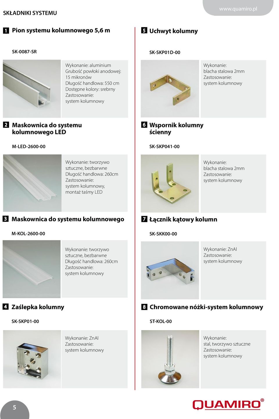 tworzywo sztucze, bezbarwe Długość hadlowa: 260cm, motaż taśmy LED blacha stalowa 2mm Maskowica do systemu kolumowego M-KOL-2600-00 Łączik