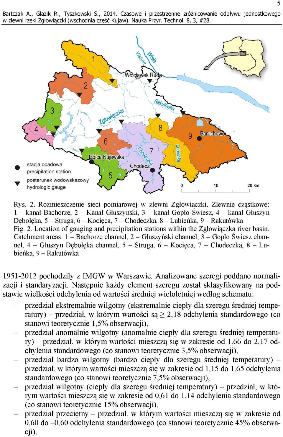 Catchment areas: 1 Bachorze channel, 2 Głuszyński channel, 3 Gopło Świesz channel, 4 Głuszyn Dębołęka channel, 5 Struga, 6 Kocięca, 7 Chodeczka, 8 Lubieńka, 9 Rakutówka 1951-2012 pochodziły z IMGW w