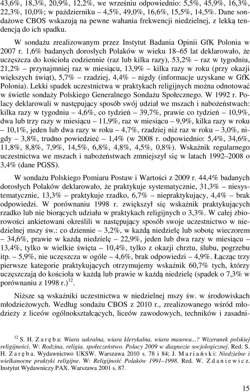 1,6% badanych dorosłych Polaków w wieku 18 65 lat deklarowało, że uczęszcza do kościoła codziennie (raz lub kilka razy), 53,2% raz w tygodniu, 21,2% przynajmniej raz w miesiącu, 13,9% kilka razy w
