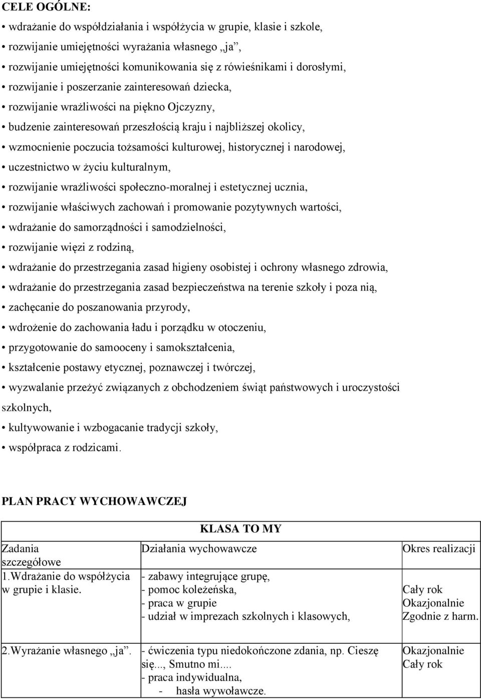 historycznej i narodowej, uczestnictwo w życiu kulturalnym, rozwijanie wrażliwości społeczno-moralnej i estetycznej ucznia, rozwijanie właściwych zachowań i promowanie pozytywnych wartości, wdrażanie