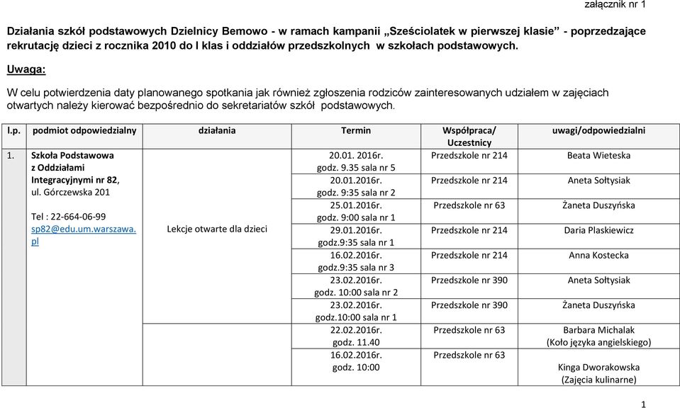 Uwaga: W celu potwierdzenia daty planowanego spotkania jak również zgłoszenia rodziców zainteresowanych udziałem w zajęciach otwartych należy kierować bezpośrednio do sekretariatów szkół podstawowych.