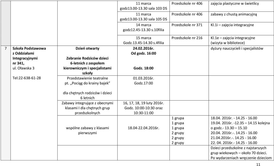 Oławska 3 Tel:22-638-61-28 Dzień otwarty Zebranie Rodziców dzieci 6-letnich z zespołem kierowniczym i specjalistami szkoły Przedstawienie teatralne pt. Pociąg do krainy bajek 15 marca Godz.13.45-14.