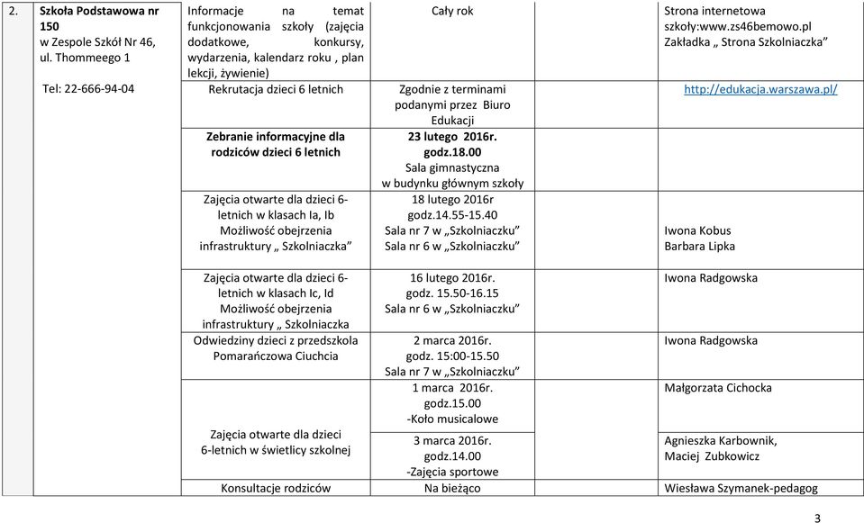 informacyjne dla rodziców dzieci 6 letnich Zajęcia otwarte dla dzieci 6- letnich w klasach Ia, Ib Możliwość obejrzenia infrastruktury Szkolniaczka Cały rok Zgodnie z terminami podanymi przez Biuro