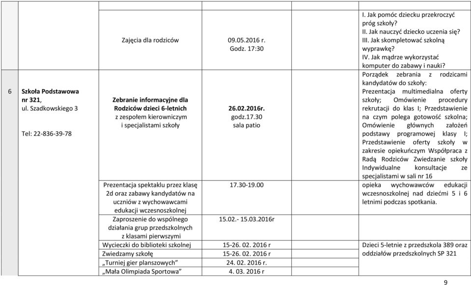 wczesnoszkolnej Zaproszenie do wspólnego działania grup przedszkolnych z klasami pierwszymi 26.02.2016r. godz.17.30 sala patio I. Jak pomóc dziecku przekroczyć próg szkoły? II.