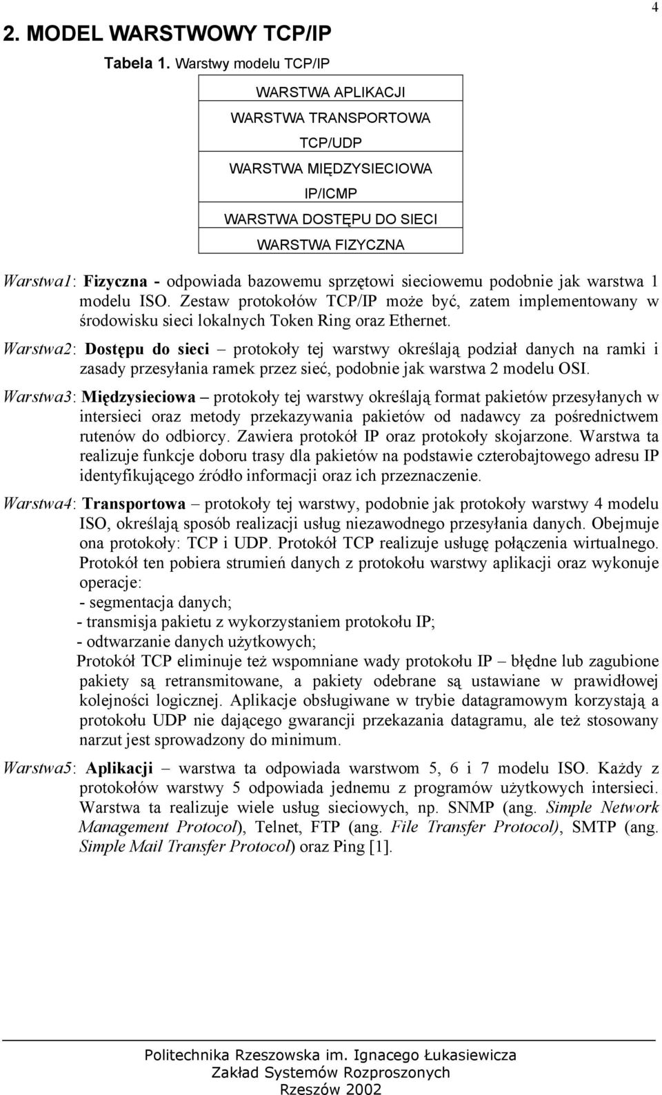 sieciowemu podobnie jak warstwa 1 modelu ISO. Zestaw protokołów TCP/IP może być, zatem implementowany w środowisku sieci lokalnych Token Ring oraz Ethernet.