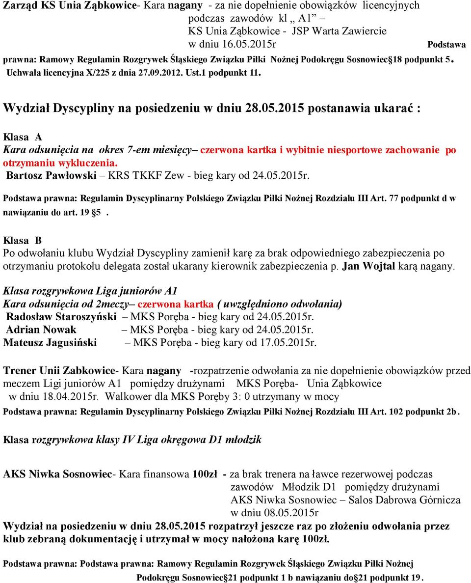 Wydział Dyscypliny na posiedzeniu w dniu 28.05.2015 postanawia ukarać : Klasa A Kara odsunięcia na okres 7-em miesięcy czerwona kartka i wybitnie niesportowe zachowanie po otrzymaniu wykluczenia.