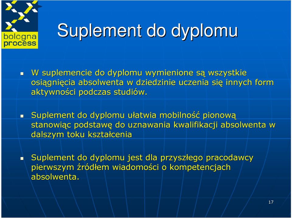 Suplement do dyplomu ułatwia u mobilność pionową stanowiąc c podstawę do uznawania kwalifikacji