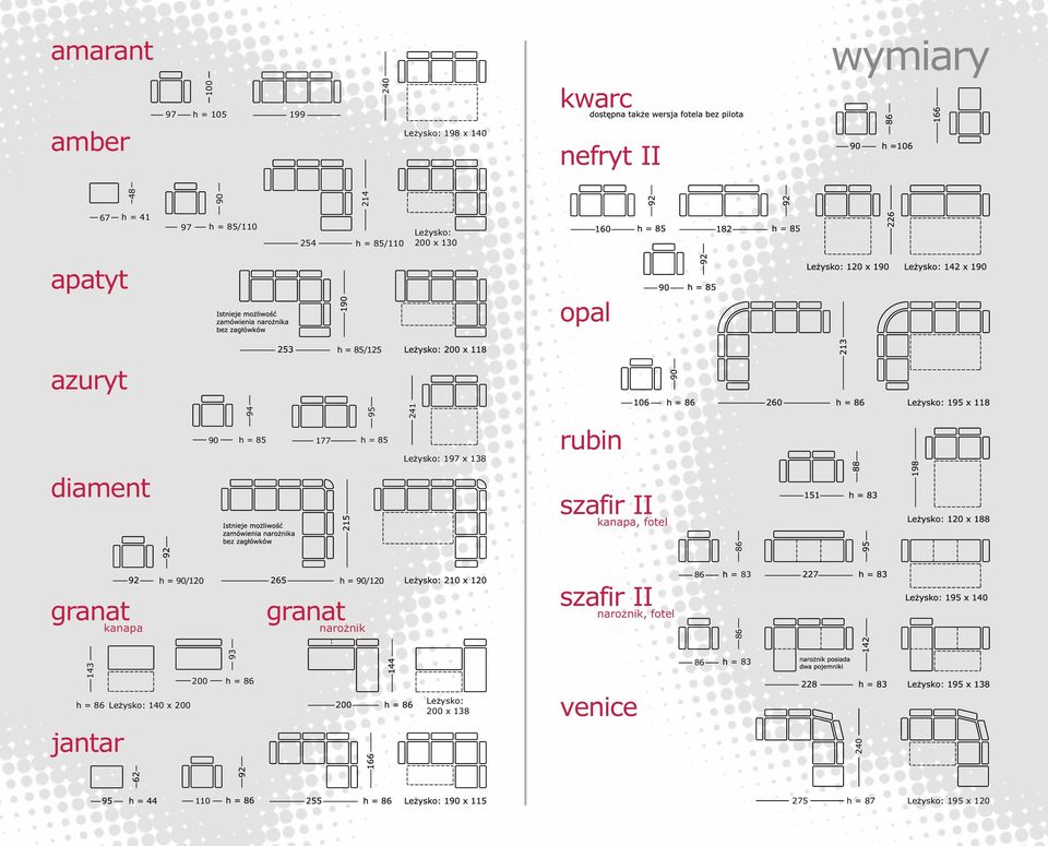 diament szafir II kanapa, fotel 86 granat kanapa h = 90/120 h = 90/120 granat narożnik szafir II narożnik, fotel 86 86