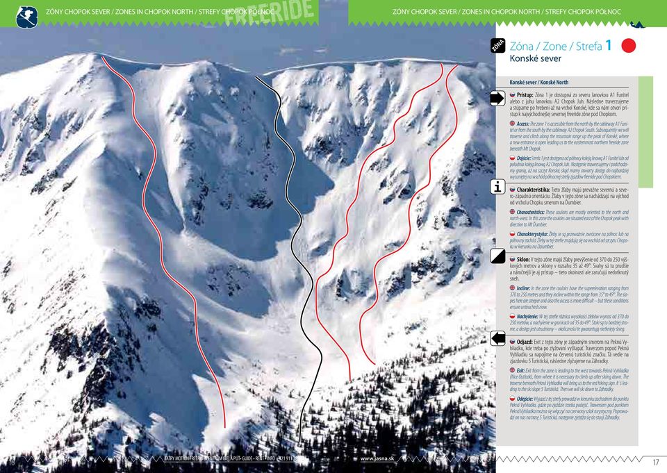 Následne traverzujeme a stúpame po hrebeni až na vrchol Konské, kde sa nám otvorí prístup k najvýchodnejšej severnej freeride zóne pod Chopkom.