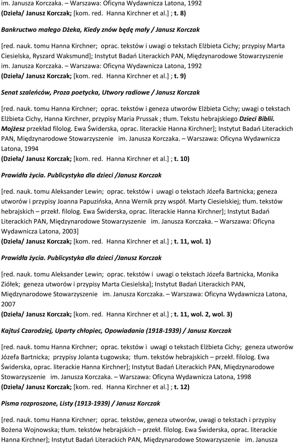 Janusza Korczaka. Warszawa: Oficyna Wydawnicza Latona, 1992 (Dzieła/ Janusz Korczak; [kom. red. Hanna Kirchner et al.] ; t. 9) Senat szaleńców, Proza poetycka, Utwory radiowe / Janusz Korczak [red.