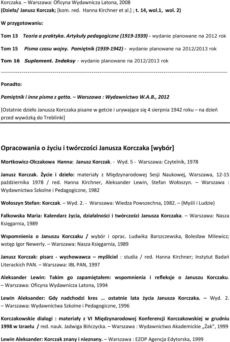 Indeksy - wydanie planowane na 2012/2013 rok -------------------------------------------------------------------------------------------------------------- Ponadto: Pamiętnik i inne pisma z getta.