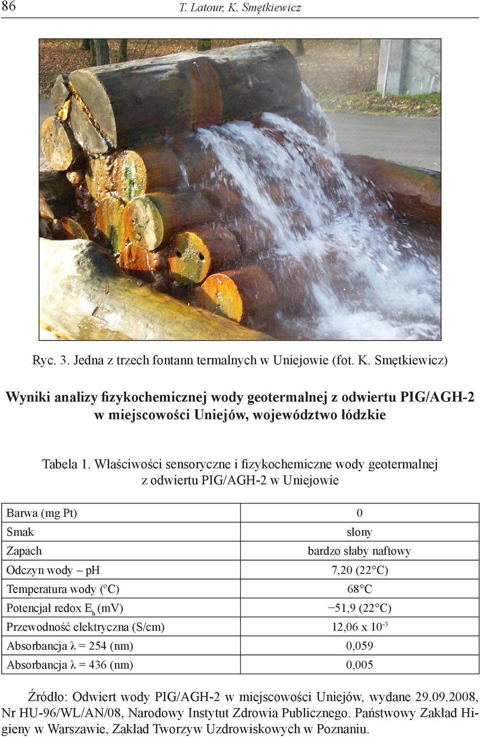 68 C Potencjał redox E h (mv) 51,9 (22 C) Przewodność elektryczna (S/cm) 12,06 x 10-3 Absorbancja λ = 254 (nm) 0,059 Absorbancja λ = 436 (nm) 0,005 Źródło: Odwiert wody PIG/AGH-2 w miejscowości