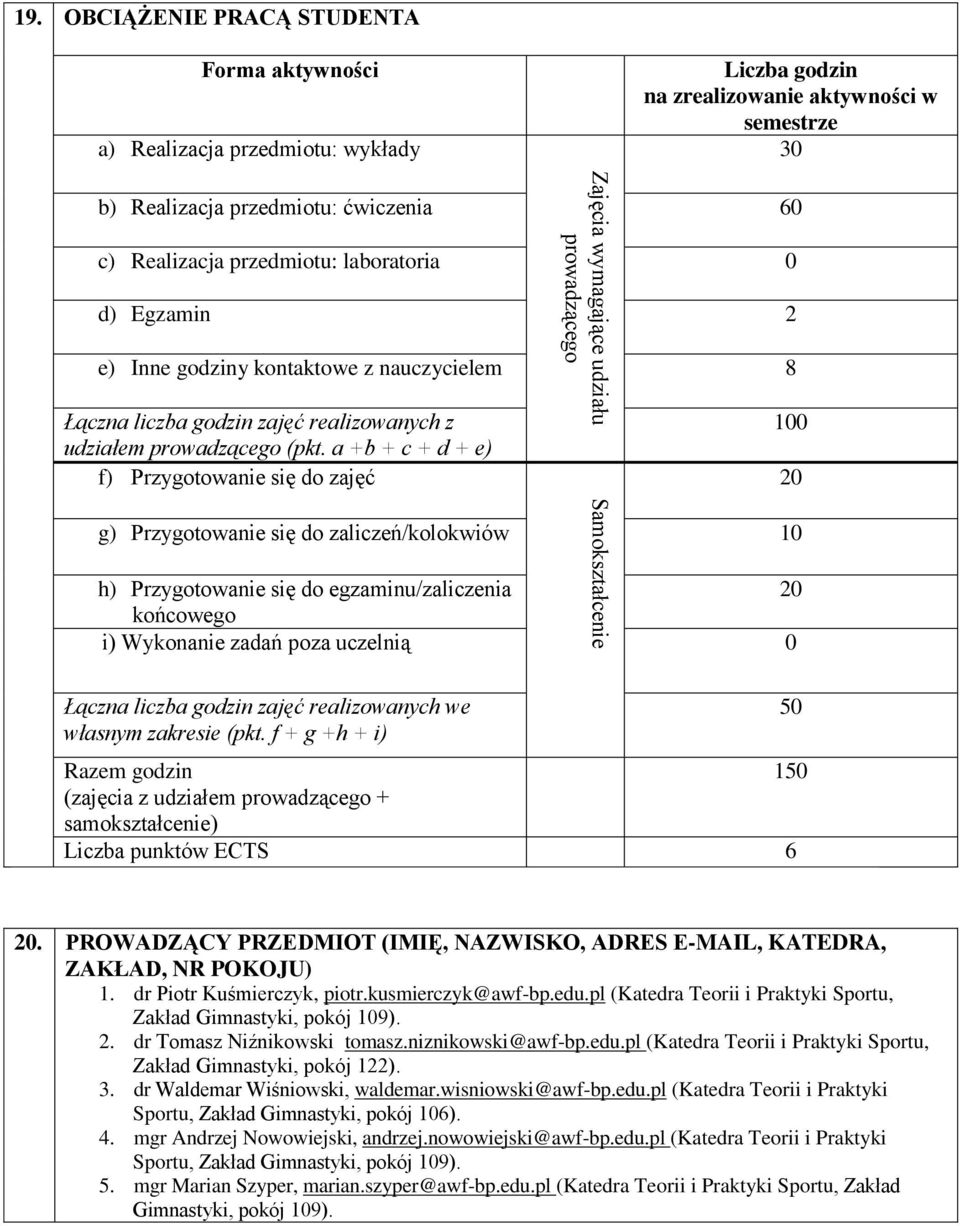 Egzamin 2 e) Inne godziny kontaktowe z nauczycielem 8 Łączna liczba godzin zajęć realizowanych z udziałem prowadzącego (pkt.