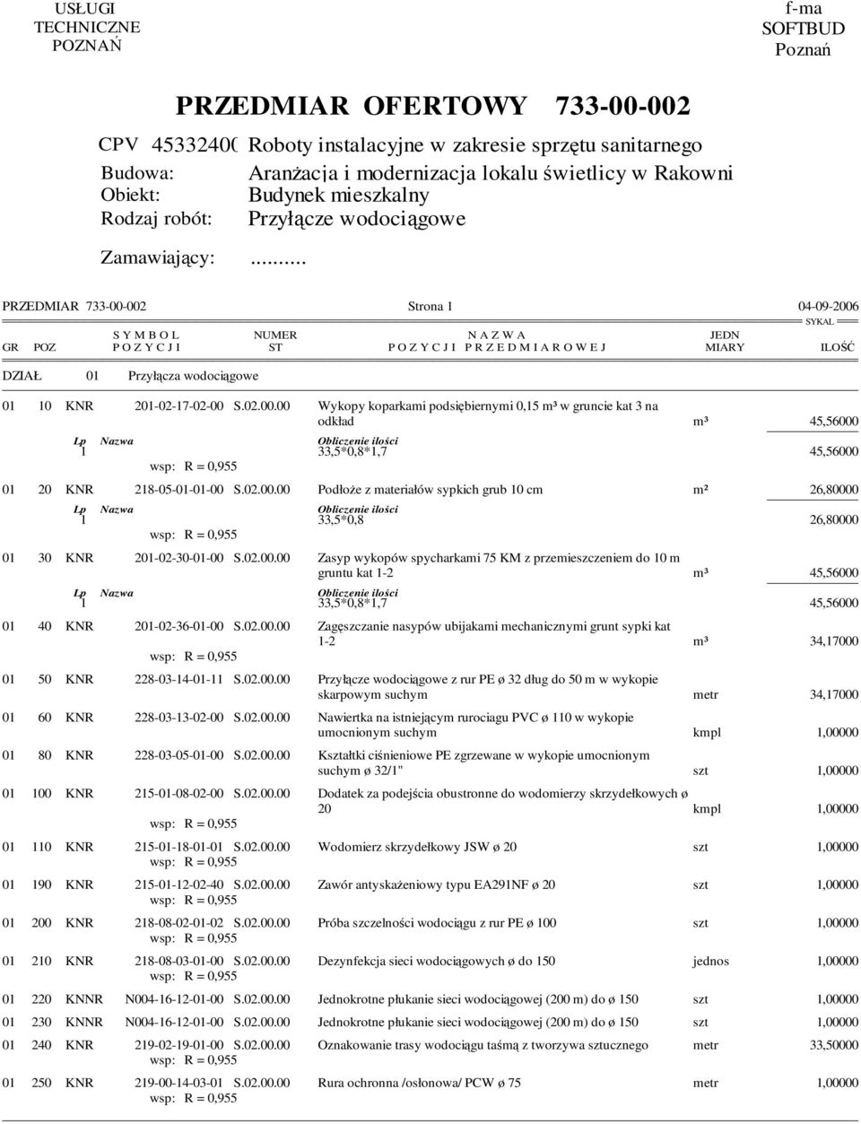 201-02-17-02-00 S.02.00.00 Wykopy koparkami podsiębiernymi 0,15 m³ w gruncie kat 3 na odkład m³ 45,56000 Lp Nazwa Obliczenie ilości 1 33,5*0,8*1,7 45,56000 01 20 KNR 218-05-01-01-00 S.02.00.00 PodłoŜe z materiałów sypkich grub 10 cm m² 26,80000 Lp Nazwa Obliczenie ilości 1 33,5*0,8 26,80000 01 30 KNR 201-02-30-01-00 S.